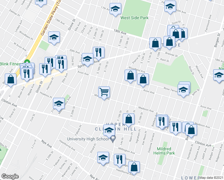 map of restaurants, bars, coffee shops, grocery stores, and more near 801 South 15th Street in Newark