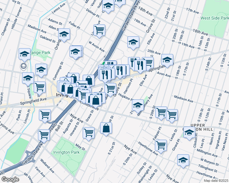 map of restaurants, bars, coffee shops, grocery stores, and more near 944 Grove Street in Irvington