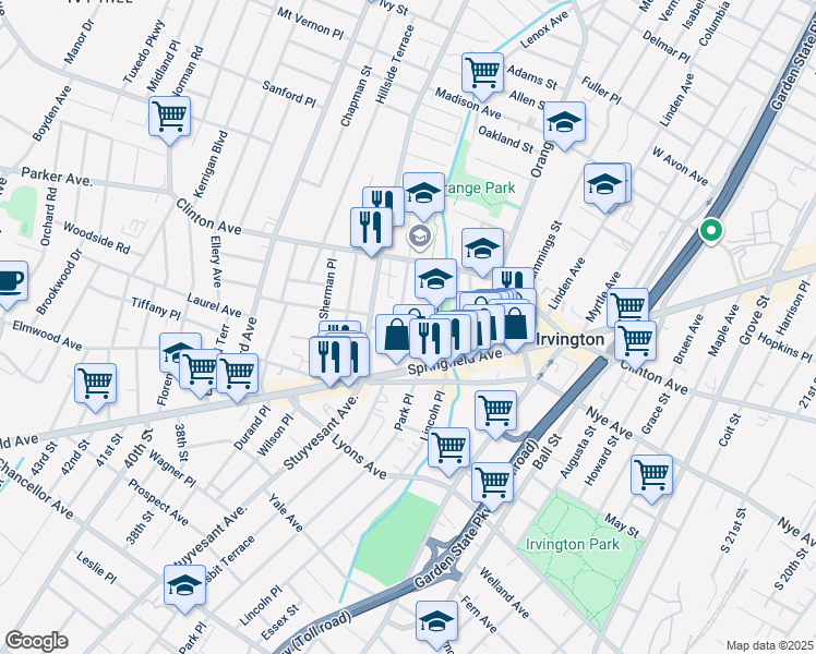map of restaurants, bars, coffee shops, grocery stores, and more near 29 Tremont Street in Irvington