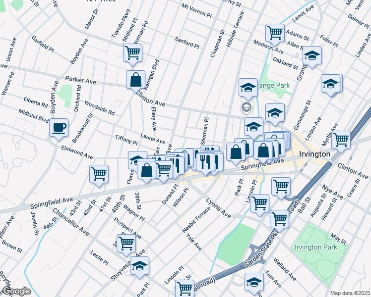 map of restaurants, bars, coffee shops, grocery stores, and more near 18 Momm Court in Irvington