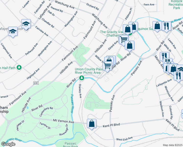 map of restaurants, bars, coffee shops, grocery stores, and more near 85-119 River Road in Chatham