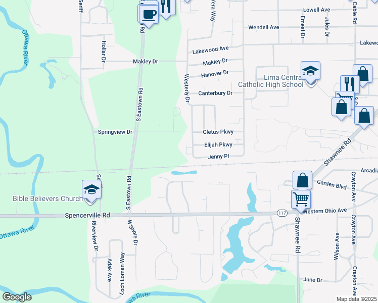 map of restaurants, bars, coffee shops, grocery stores, and more near 3070 Jenny Place in Lima