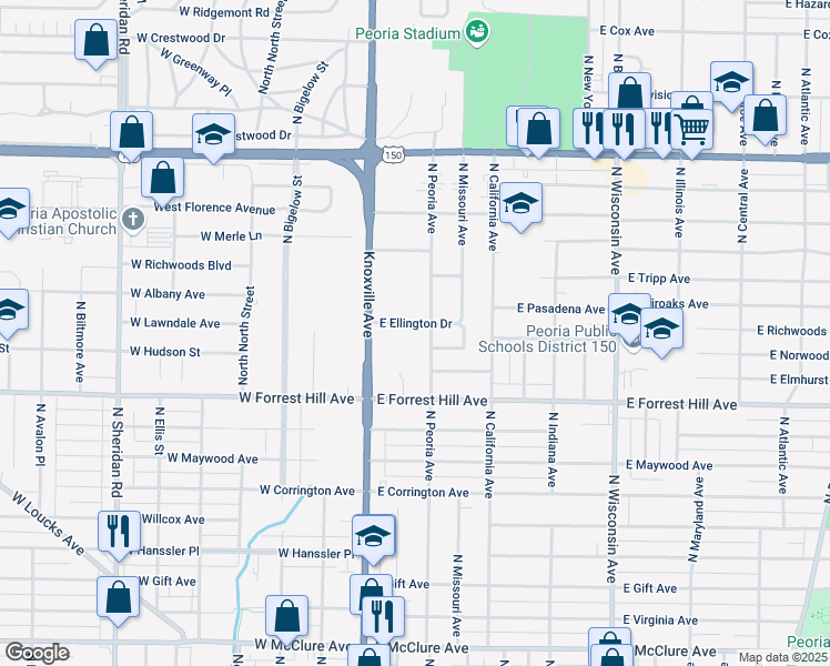 map of restaurants, bars, coffee shops, grocery stores, and more near 3217 North Peoria Avenue in Peoria