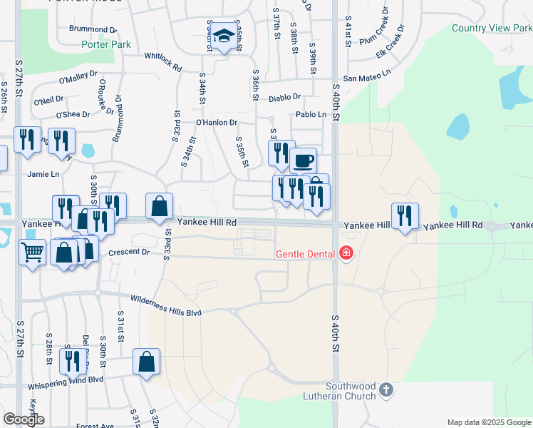 map of restaurants, bars, coffee shops, grocery stores, and more near 3631 O'Sullivan Road in Lincoln