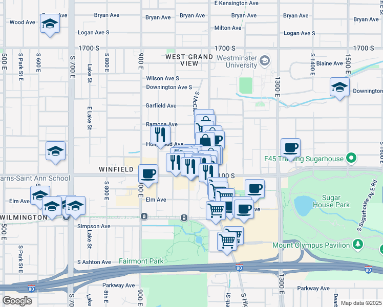 map of restaurants, bars, coffee shops, grocery stores, and more near 2007 McClelland Street in Salt Lake City