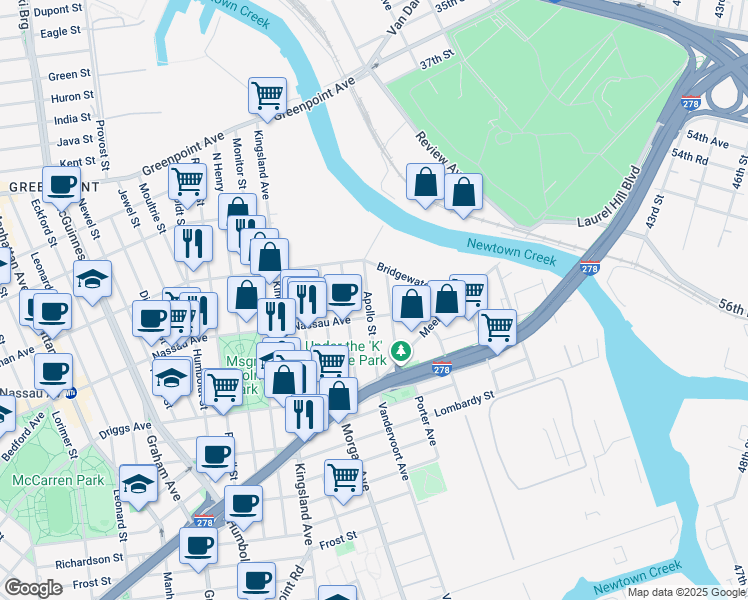 map of restaurants, bars, coffee shops, grocery stores, and more near 321 Nassau Avenue in Brooklyn