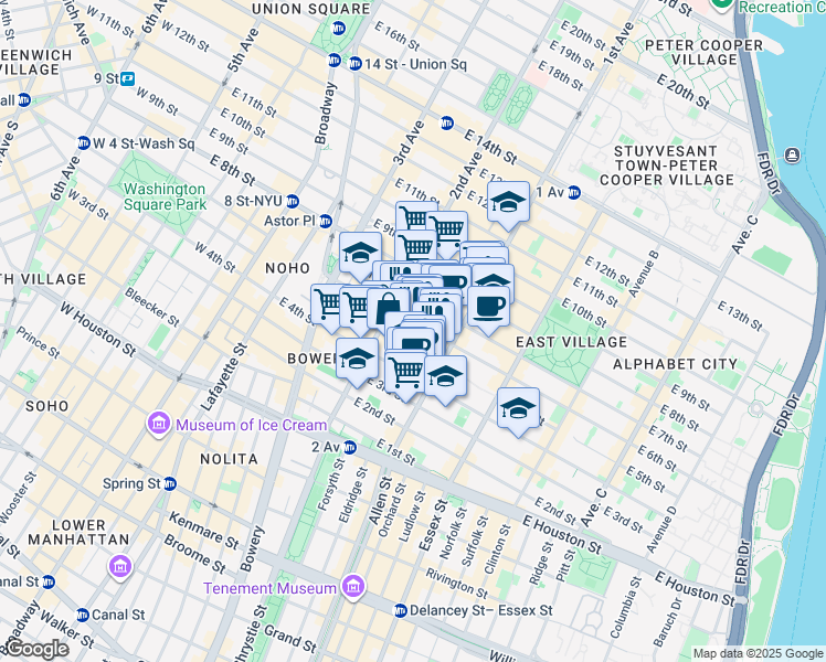 map of restaurants, bars, coffee shops, grocery stores, and more near 331 East 5th Street in New York