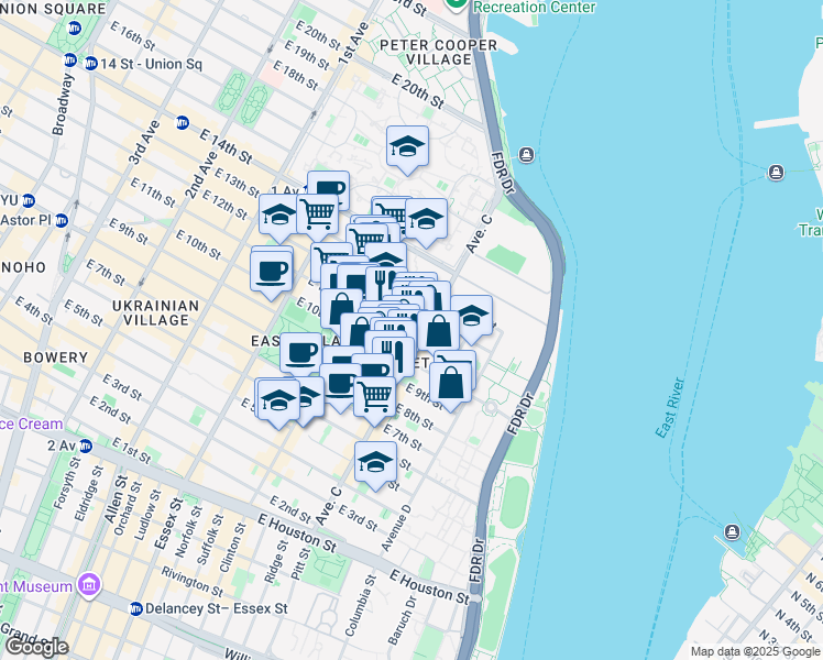 map of restaurants, bars, coffee shops, grocery stores, and more near 645 East 11th Street in New York