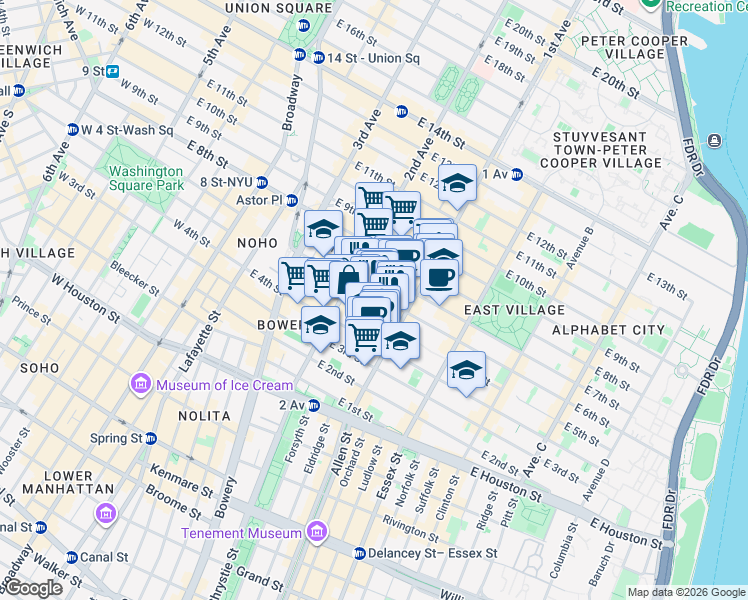 map of restaurants, bars, coffee shops, grocery stores, and more near 331 East 5th Street in New York