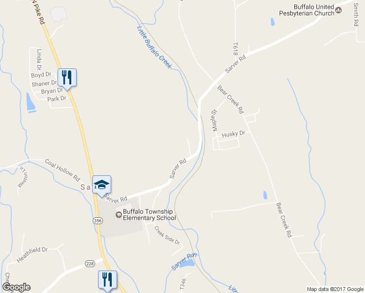 map of restaurants, bars, coffee shops, grocery stores, and more near 545 Sarver Road in Sarver