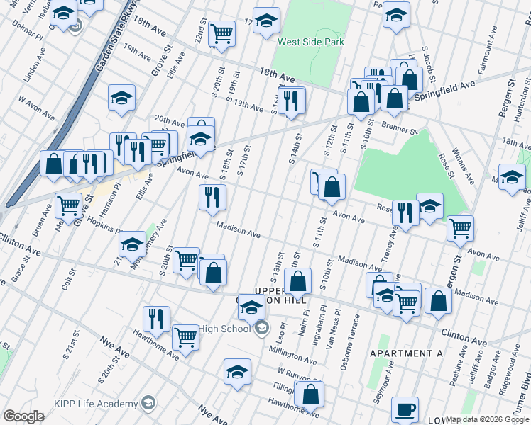 map of restaurants, bars, coffee shops, grocery stores, and more near 801 South 15th Street in Newark