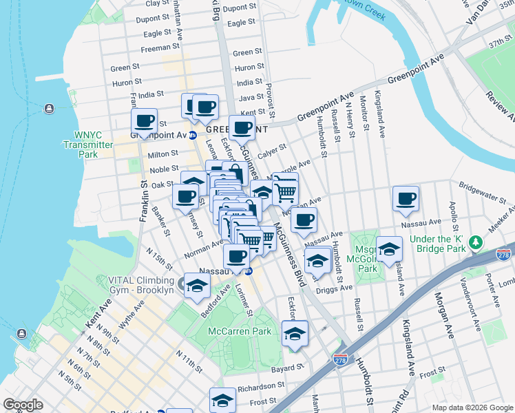 map of restaurants, bars, coffee shops, grocery stores, and more near 208 Eckford Street in Brooklyn