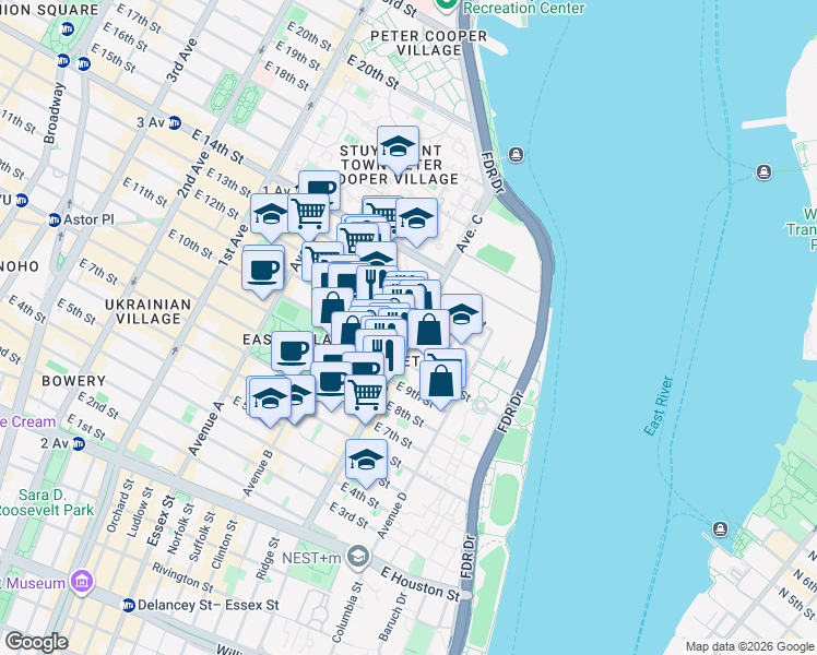 map of restaurants, bars, coffee shops, grocery stores, and more near 933 East 11th Street in New York