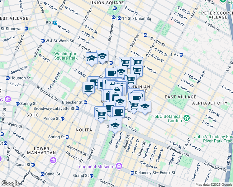 map of restaurants, bars, coffee shops, grocery stores, and more near 66 East 4th Street in New York
