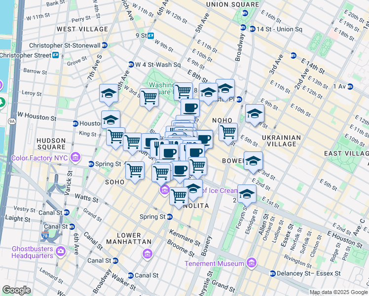 map of restaurants, bars, coffee shops, grocery stores, and more near 208 Mercer Street in New York