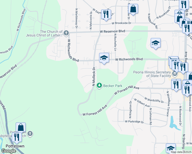 map of restaurants, bars, coffee shops, grocery stores, and more near 3122 North Molleck Drive in Peoria