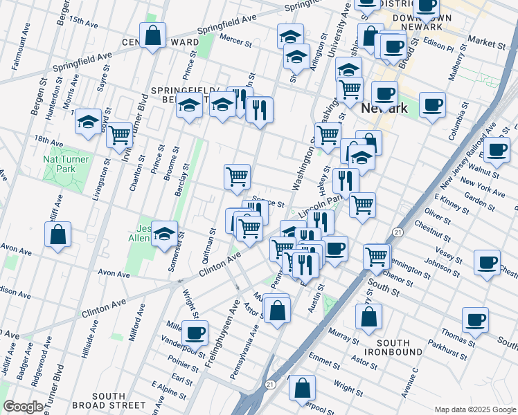 map of restaurants, bars, coffee shops, grocery stores, and more near 55 Spruce Street in Newark