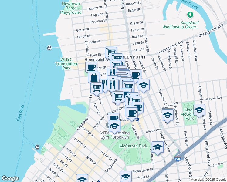 map of restaurants, bars, coffee shops, grocery stores, and more near 75 Meserole Avenue in Brooklyn