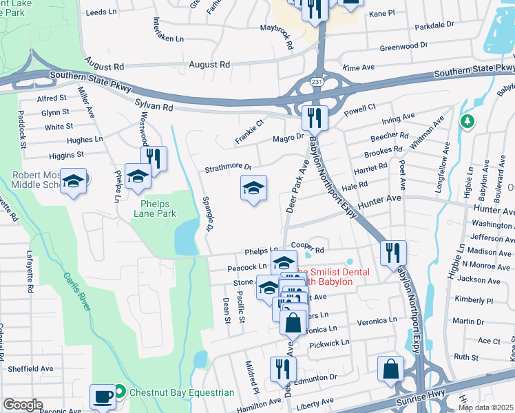 map of restaurants, bars, coffee shops, grocery stores, and more near 1 Phelps Lane in North Babylon