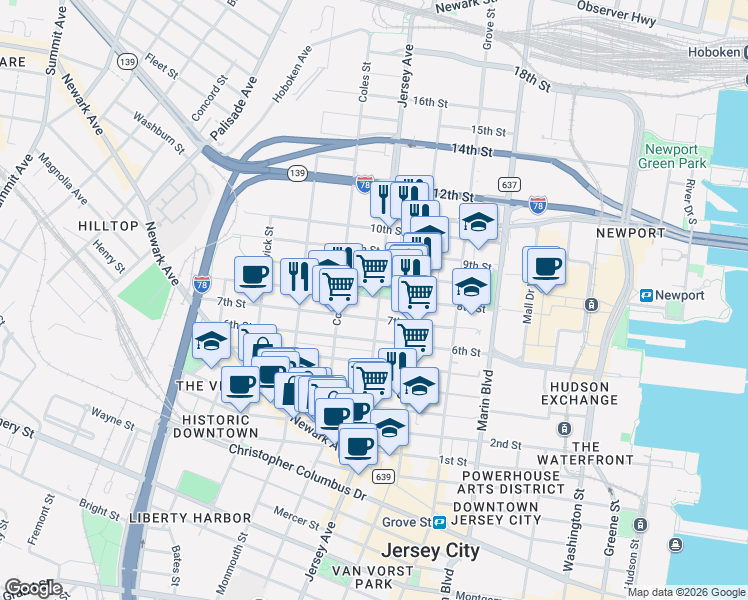 map of restaurants, bars, coffee shops, grocery stores, and more near 285 8th Street in Jersey City