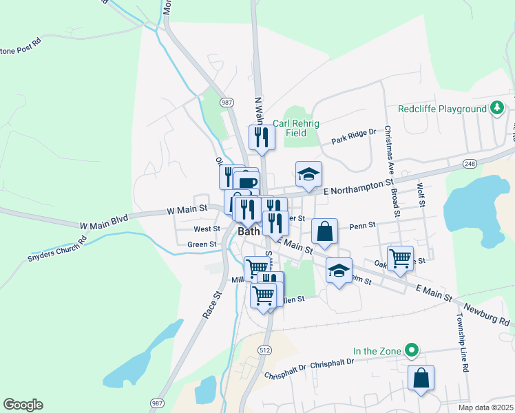 map of restaurants, bars, coffee shops, grocery stores, and more near 113 South Chestnut Street in Bath