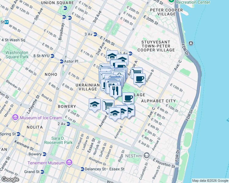 map of restaurants, bars, coffee shops, grocery stores, and more near 128 St Marks Pl in New York