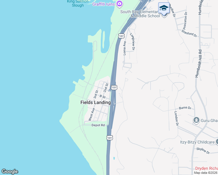 map of restaurants, bars, coffee shops, grocery stores, and more near 6585 2nd Street in Fields Landing