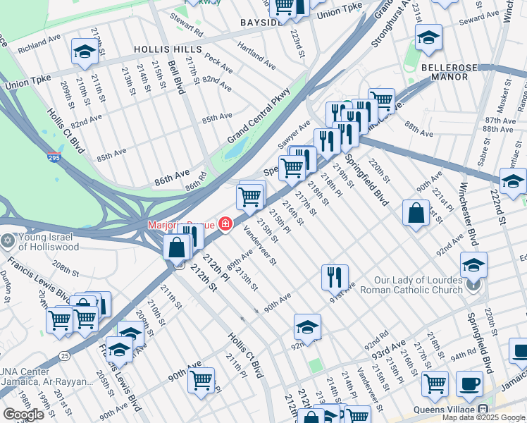 map of restaurants, bars, coffee shops, grocery stores, and more near 88-16 215th Place in Queens