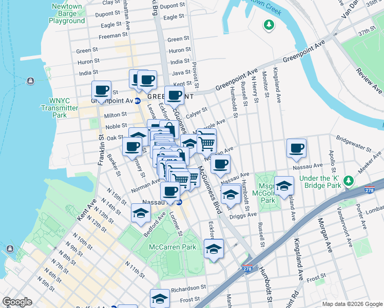map of restaurants, bars, coffee shops, grocery stores, and more near 131 McGuinness Boulevard in Brooklyn