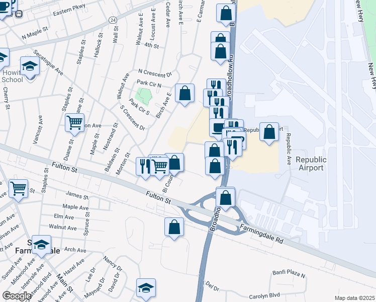 map of restaurants, bars, coffee shops, grocery stores, and more near 15 Michael Avenue in Farmingdale