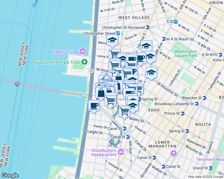 map of restaurants, bars, coffee shops, grocery stores, and more near 92 Vandam Street in New York