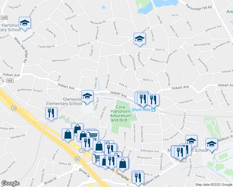 map of restaurants, bars, coffee shops, grocery stores, and more near 238 Hobart Avenue in Millburn