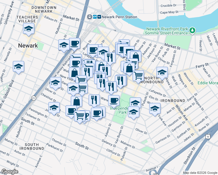 map of restaurants, bars, coffee shops, grocery stores, and more near 153 New York Avenue in Newark