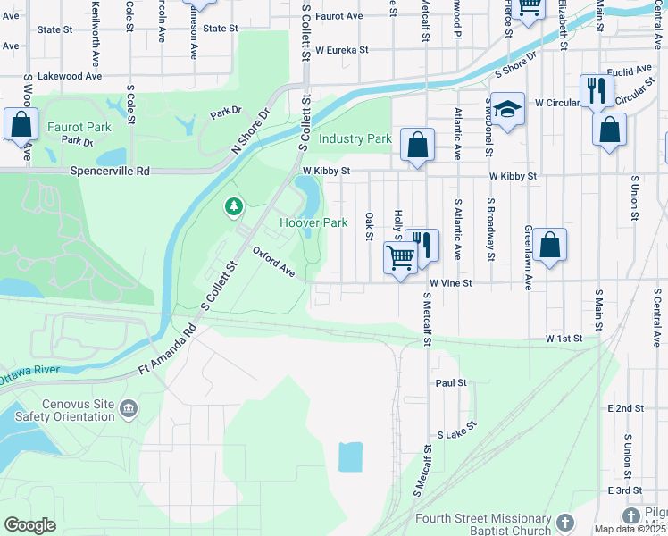map of restaurants, bars, coffee shops, grocery stores, and more near 910 West Vine Street in Lima