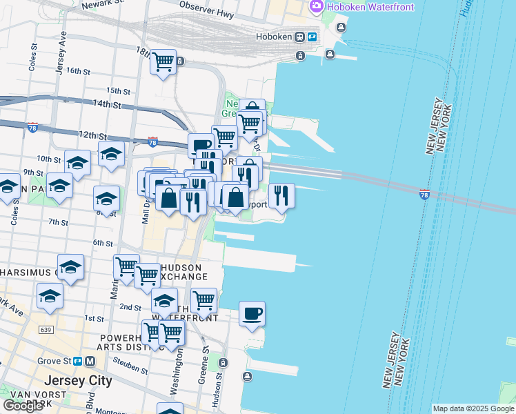 map of restaurants, bars, coffee shops, grocery stores, and more near 1 River Court in Jersey City