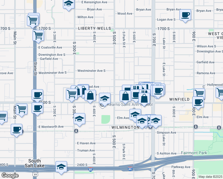 map of restaurants, bars, coffee shops, grocery stores, and more near 1990 South 500 East in Salt Lake City