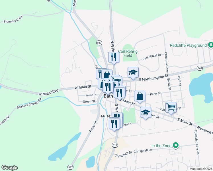 map of restaurants, bars, coffee shops, grocery stores, and more near 114 South Chestnut Street in Bath