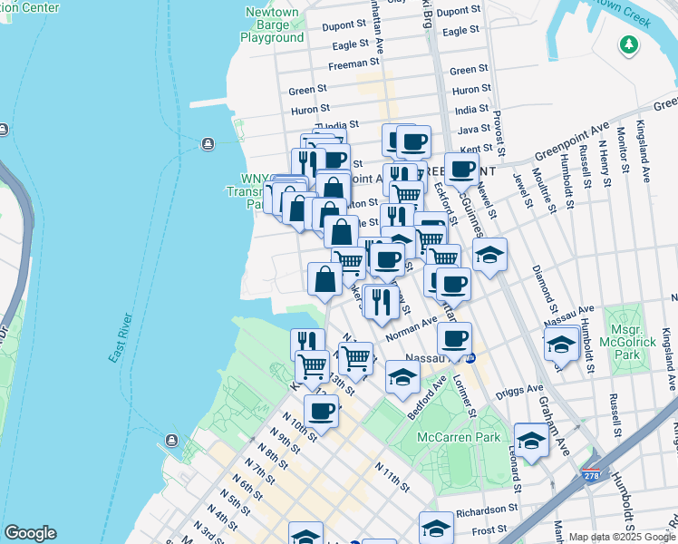 map of restaurants, bars, coffee shops, grocery stores, and more near 61 Franklin Street in Brooklyn
