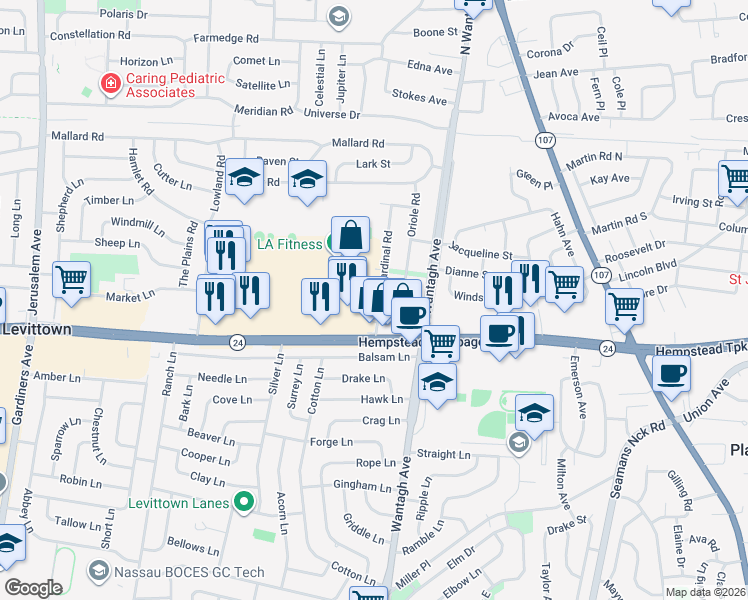 map of restaurants, bars, coffee shops, grocery stores, and more near 3683 Hawk Road in Levittown
