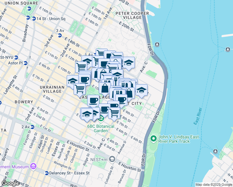 map of restaurants, bars, coffee shops, grocery stores, and more near 624 East 11th Street in New York