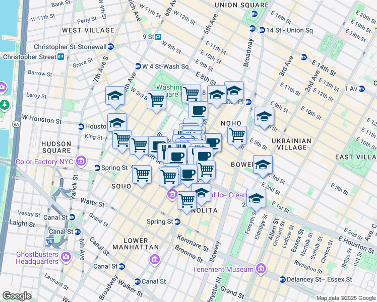 map of restaurants, bars, coffee shops, grocery stores, and more near 208 Mercer Street in New York