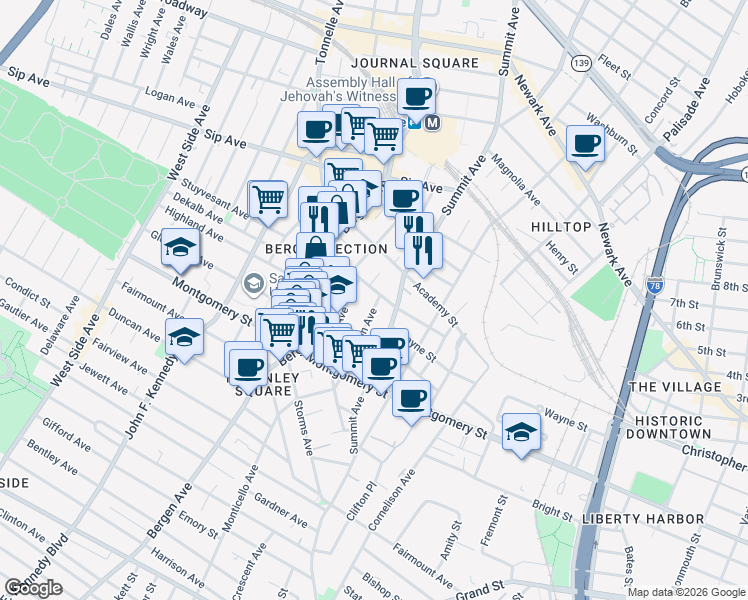 map of restaurants, bars, coffee shops, grocery stores, and more near 75 Jordan Avenue in Jersey City