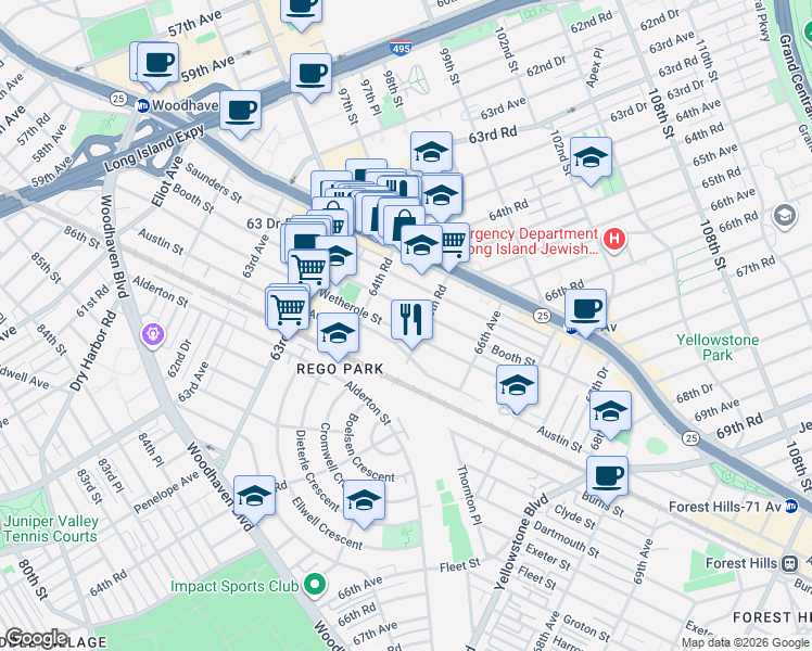 map of restaurants, bars, coffee shops, grocery stores, and more near 64-77 Wetherole Street in Queens