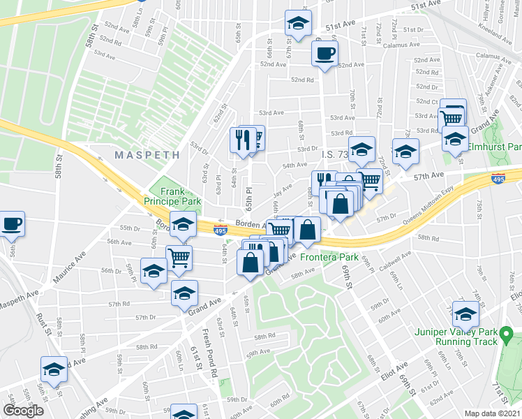 map of restaurants, bars, coffee shops, grocery stores, and more near 65-20 Jay Avenue in Queens