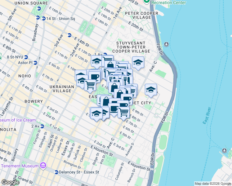 map of restaurants, bars, coffee shops, grocery stores, and more near E 10th St & Avenue B in New York