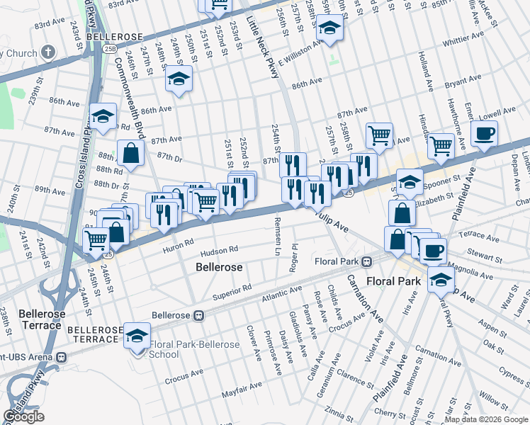 map of restaurants, bars, coffee shops, grocery stores, and more near Jericho Turnpike in Queens