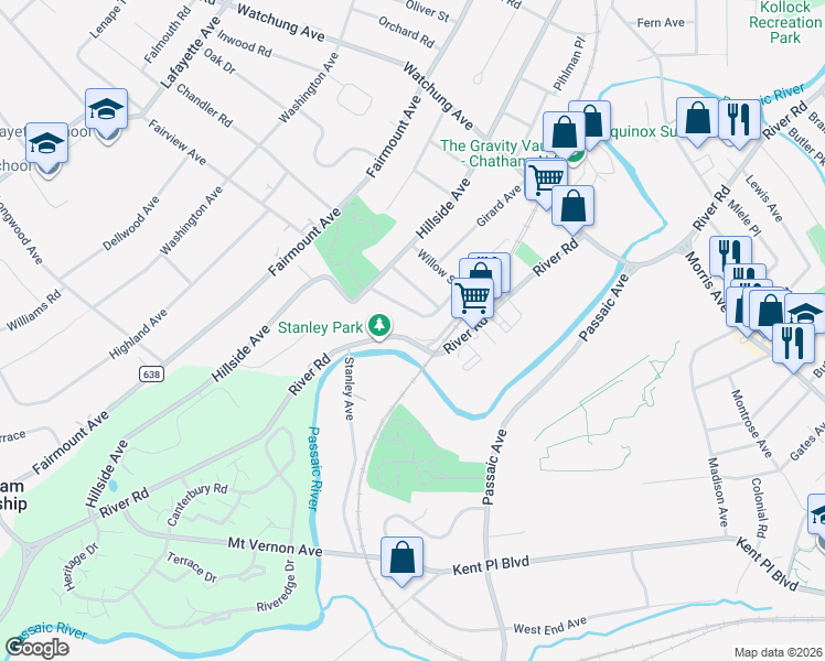 map of restaurants, bars, coffee shops, grocery stores, and more near 85-119 River Road in Chatham