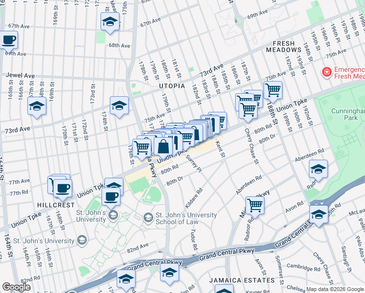map of restaurants, bars, coffee shops, grocery stores, and more near 04/06 Union Turnpike in Queens