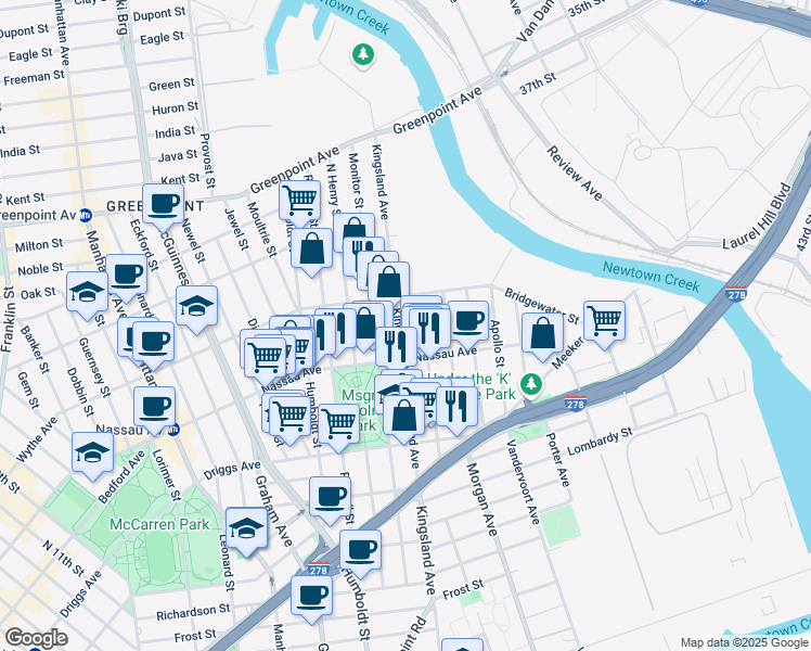 map of restaurants, bars, coffee shops, grocery stores, and more near 99 Sutton Street in Brooklyn