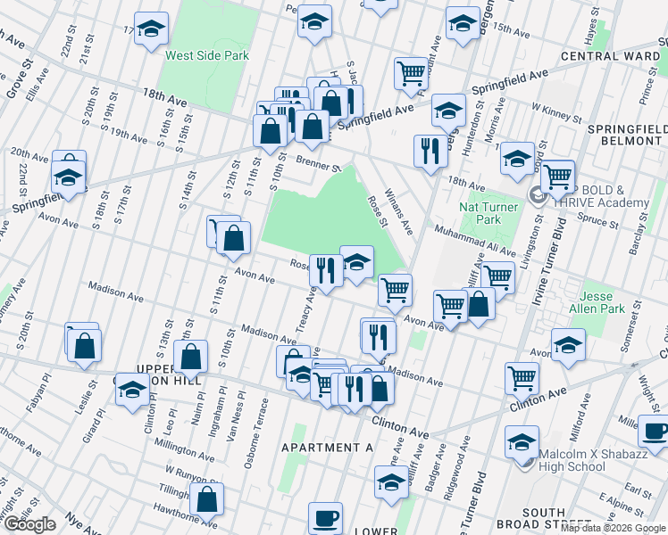 map of restaurants, bars, coffee shops, grocery stores, and more near 51 Rose Terrace in Newark